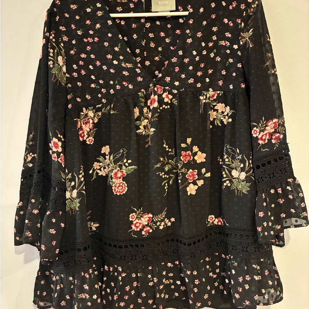 Maeve Black Floral Blouse with Lace Detail